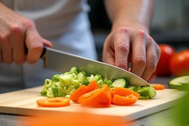 Chef demonstrând cu măiestrie diverse tehnici de tăiere a legumelor.