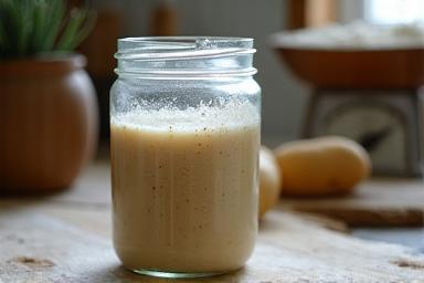 Un borcan cu maia naturală activă, plină de bule, gata pentru copt.