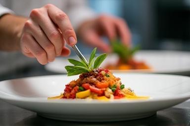 Un chef demonstrând tehnici moderne de plating într-un curs avansat la Mant-cyte.