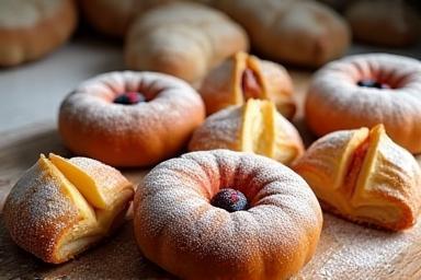 Un sortiment de produse de patiserie și pâine artizanală proaspăt coapte la un atelier Mant-cyte.