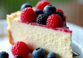 O felie de cheesecake cremos, acoperită cu fructe de pădure proaspete.