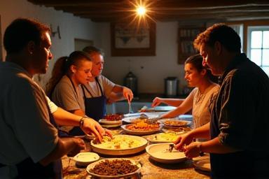 Participanți la un atelier de gătit tradițional într-un cadru rustic din zona rurală a Bihorului.